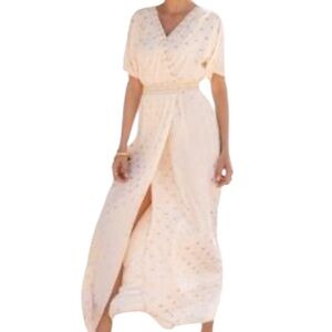 Cabana Life Cream with Gold Metallic Print Surplice Aline Maxi Dress L